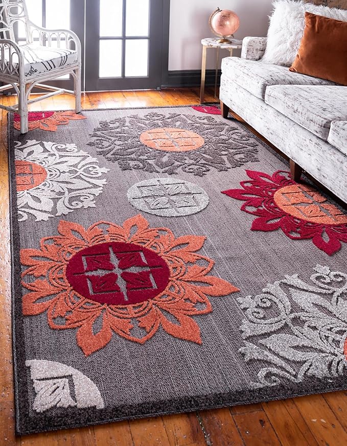 Unique Loom Outdoor Modern Collection Area Rug - Chicago (7' 1" x 10' Rectangle, Brown/ Orange)