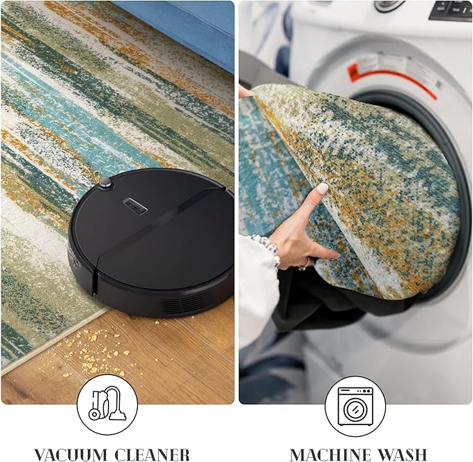 Modern Abstract 8x10 Large Machine Washable Living Room Rug Non-Slip Soft Bedroom Area Rug Green Mustard Multi Ultra Thin Print Faux Wool Carpet Throw Rugs for Playroom Dining Room Indoor