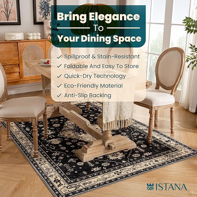 Istana 5x7 Area Rug - Black Rugs for Living Room 5x7 - Foldable Rugs for Bedroom - Stain Resistant Washable Rug - Eco-Friendly Boho Area Rugs - Easy to Clean Living Room Rug