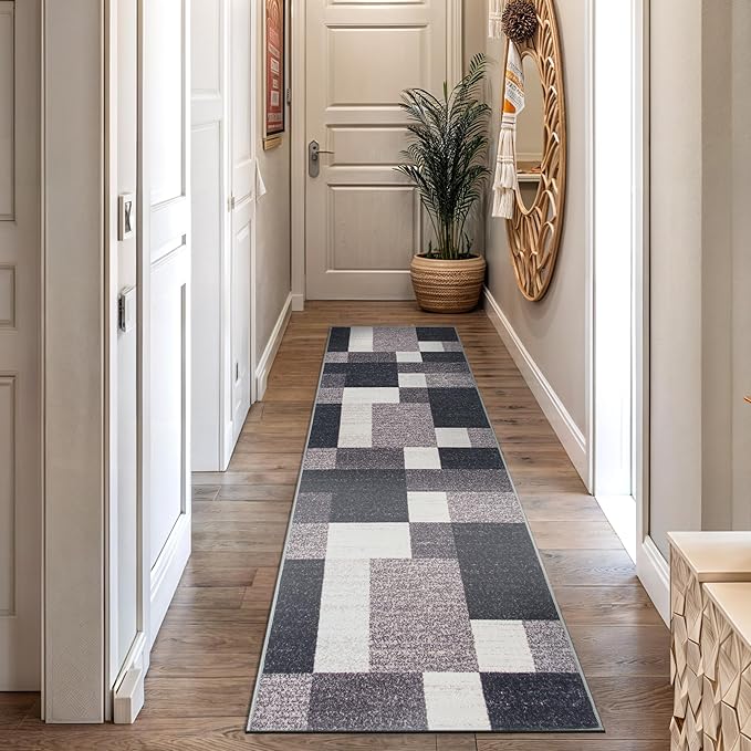 Rugshop Modern Boxes Design Non-Slip (Non-Skid) for Hallway,Entryway,Kitchen Runner Rug 2'7" x 10' Gray