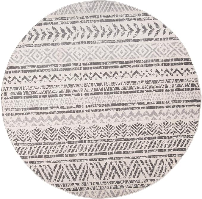 Rugshop Geometric Boho Area Rug for High Traffic Areas– Non-Shedding, Round Rug 6' 6" (6' 6" Diameter) Gray