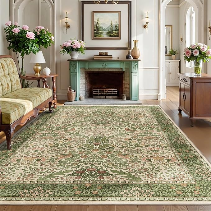 6x9 Floral Washable Area Rug for Living Room, Vintage Boho Rugs for Bedroom Dining Room, Botanical Birds Non Slip Low Pile Forest Throw Carpet for Farmhouse Office, Retro Pink/Green