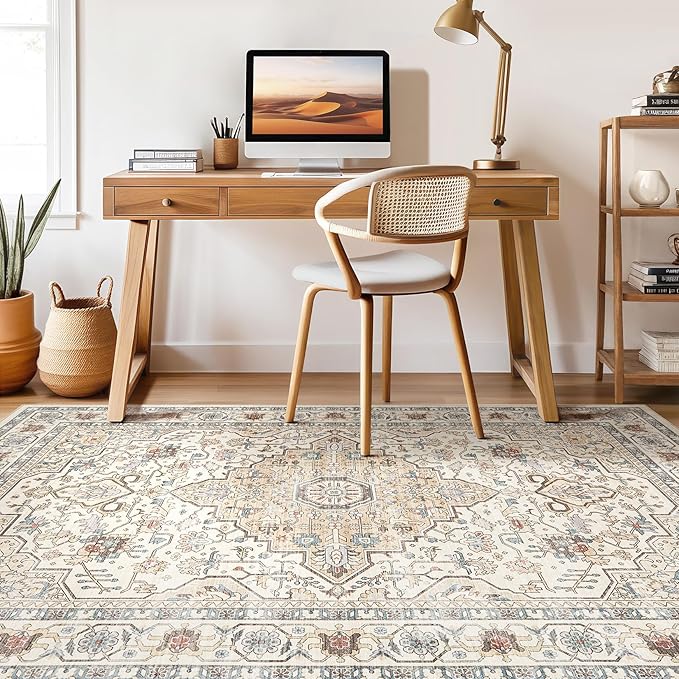 8x10 Area Rugs Living Room: Washable Boho Large Neutral Vintage Soft Rug Stain Resistant Farmhouse Non Slip Indoor Floor Carpet for Bedroom Nursery Kids Playroom Office Dining Room- Cream Blue