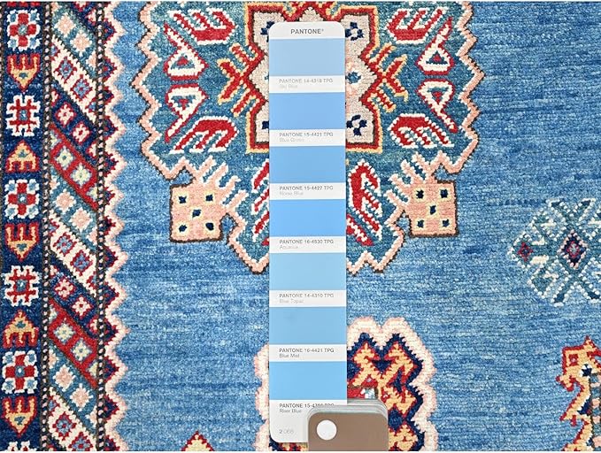 Cerulean Blue Special Kazak with All Over Pattern Natural Dyes Pure Wool Hand Knotted Oriental Densely Woven Rug(9'x11'8")