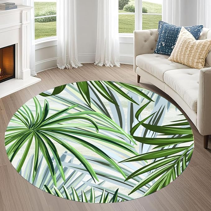 Round Rug 5ft - Pink Tropical Floral with Watercolor Leaves, Non-Slip Low Pile Circle Rug, Bohemian Jungle Turtleback Design for Dining Room Table, Living Room, Bedroom