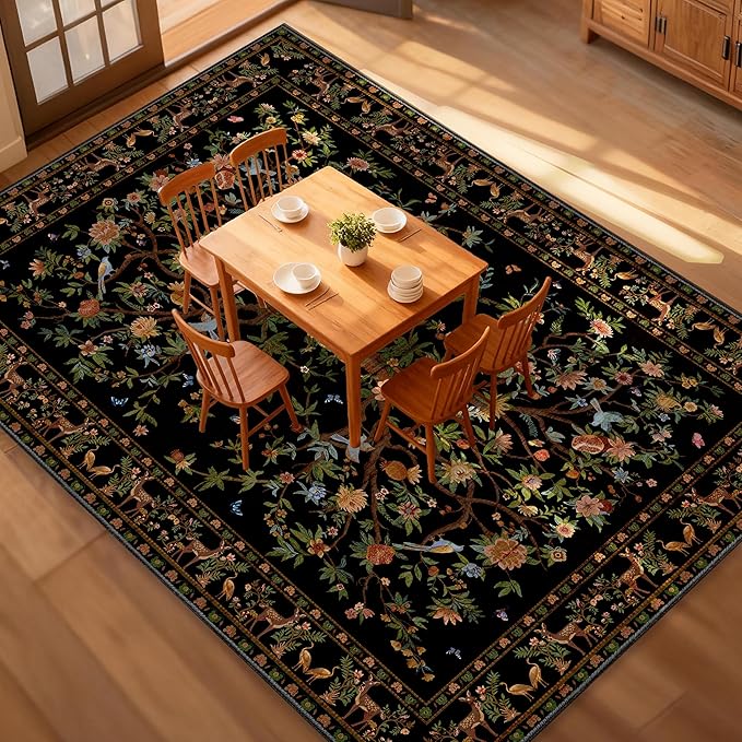 8x10 Area Rugs for Living Room, Machine Washable Non-Slip Carpet, Boho Floral Low Pile Throw Rugs for Bedroom, Dining Room, Office, Nursery, Vintage Home Decor（Black）
