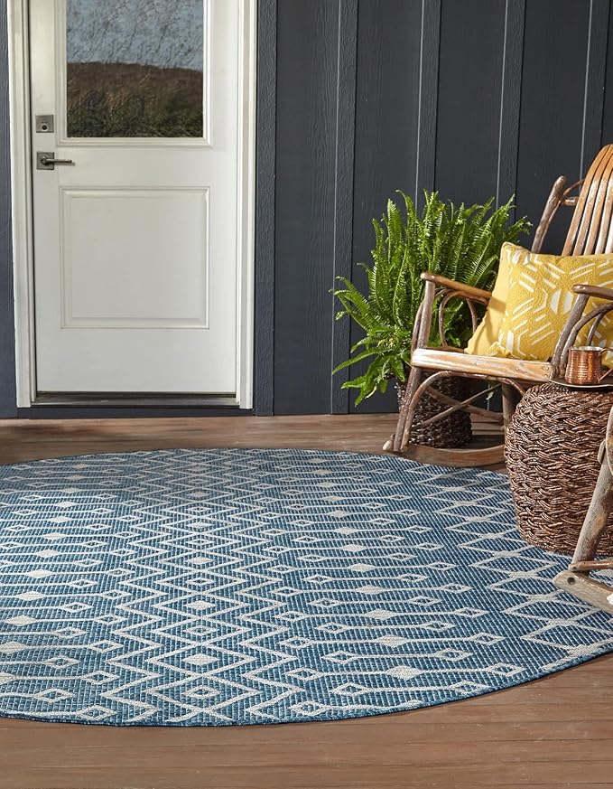 Unique Loom Outdoor Trellis Collection Area Rug - Tribal Trellis (3' 1" Round, Blue/ Ivory)