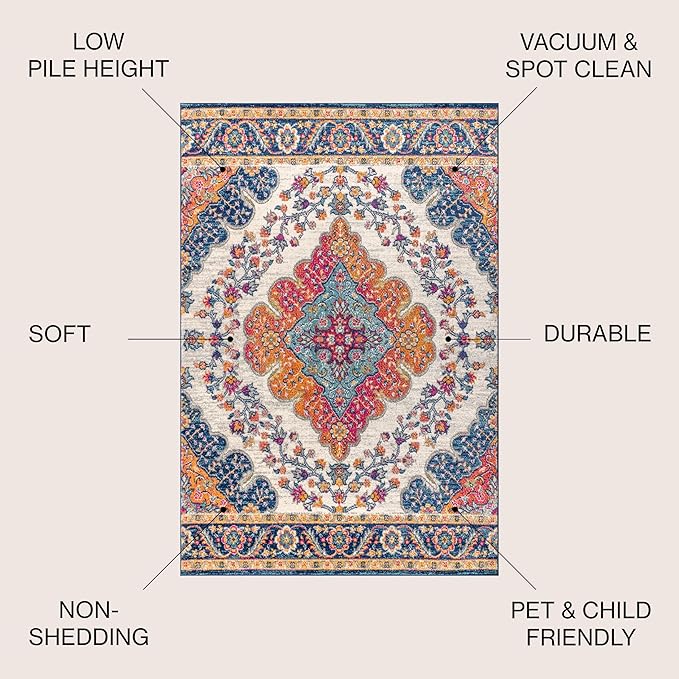 JONATHAN Y Boho Vintage Blue/Multi Indoor Area Rug, 12x15, Bohemian Flair Medallion, Floral Easy-Cleaning High Traffic for Living Room, Bedroom, Kitchen, Pet-Friendly, Non-Shedding (BMF106A-15)
