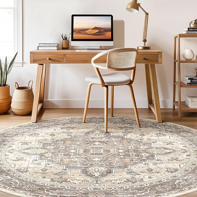 Round Rug Living Room Rugs: 10x10 Washable Boho Neutral Large Circle Soft Indoor Floral Stain Resistant Floor Farmhouse Carpet for Bedroom Nursery Kids Playroom Office Dining Room- Beige Brown