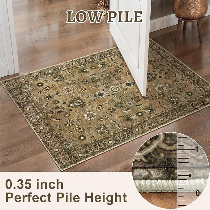 Tangsoo Brown Hallway Runner Rugs 2.6x14 Washable Runner Rug for Hallways, Non Slip Floral Vintage Soft Low Pile 14ft Long Rug Runner, Print Carpet Runners for Kitchen Bedroom Entryway Living Room