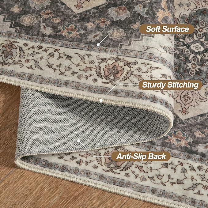 Tangsoo Hallway Runner Rug 2.6x12 Washable Runner Rug for Hallways, Non Slip Vintage Soft Low Pile Long Rug Runner, Print Distressed Carpet Runners for Kitchen Bedroom Entryway Bathroom Living Room
