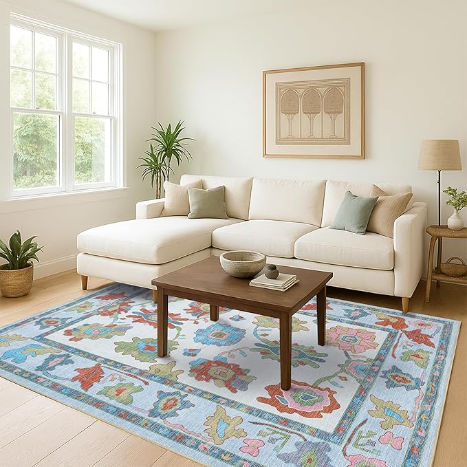 Fame Living Oushak Rug, Colorful Vintage Eclectic Turkish Floral Pastel Large Oversized Area Rugs for Living Room Dining Bedroom Kitchen Bathroom 2'x3'