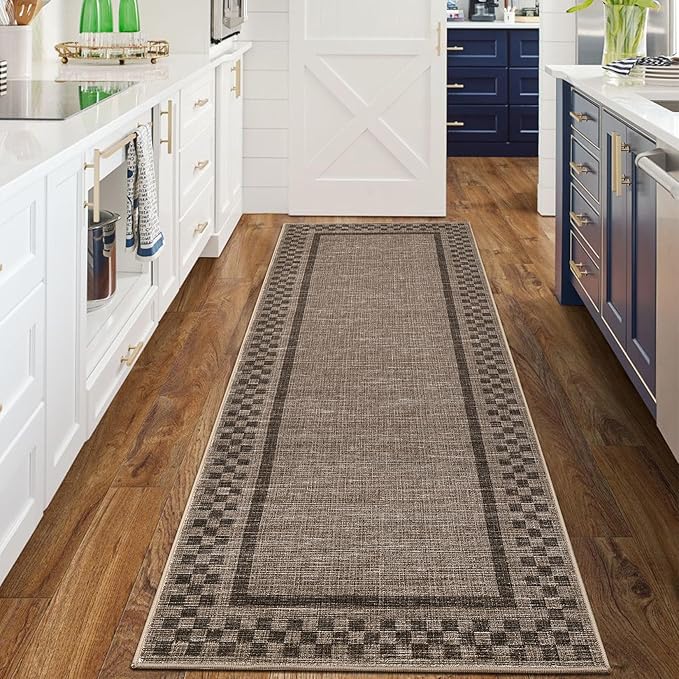 Washable Runner Rug 2x10 Modern Bordered Hallway Runner Rug Non Slip Kitchen Throw Carpet Checkered Bathroom Entryway Runner Rugs Low Pile Solid Area Rugs for Living Room Bedroom Nursery Sink, Brown