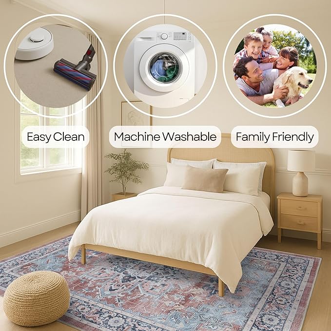 Fame Rugs Turkish Rug. Washable Vintage Oriental Antique Inspired Traditional Doormat Small Modern Area Rugs Luxury Entryway Entry Bedroom Bathroom Kitchen (401TB, 9' x 12')