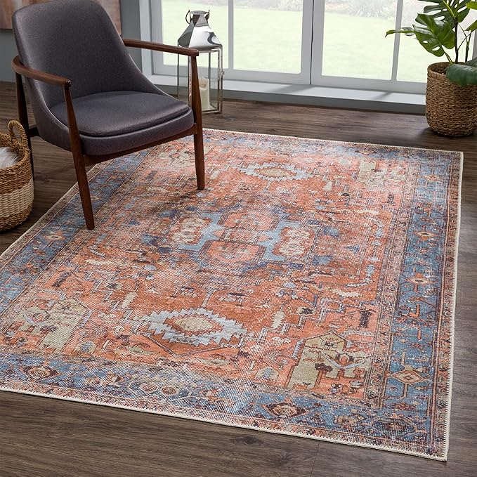 Bloom Rugs Washable Non-Slip 2' x 3' Rug - Terracotta/Blue Traditional Oriental Area Rug for Living Room, Bedroom, Dining Room, and Kitchen - Exact Size: 2' x 3'
