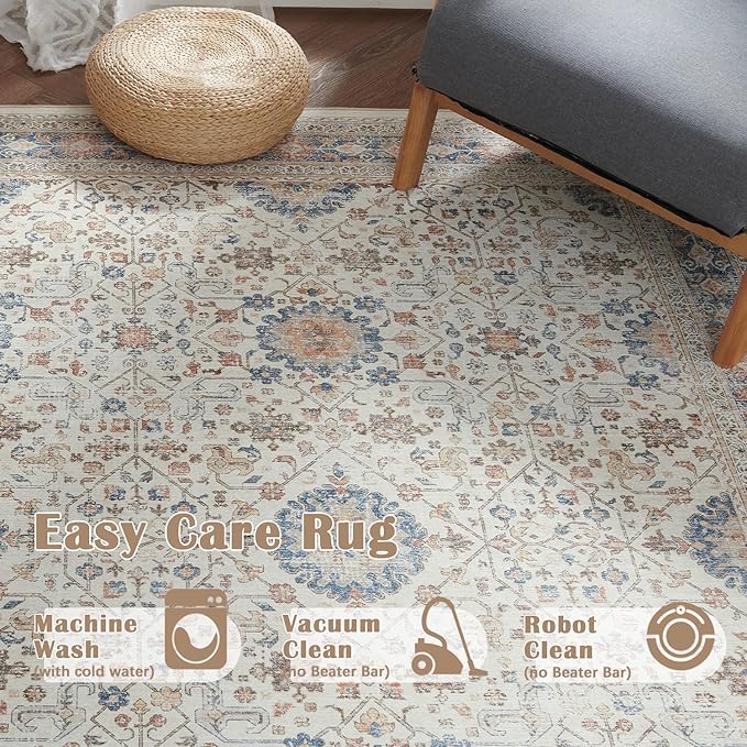 jinchan Area Rug 6x9 Washable Living Room Rug Vintage Distressed Orange Multi Floral Floor Cover Indoor Mat Retro Carpet Bedroom Office Kitchen Farmhouse