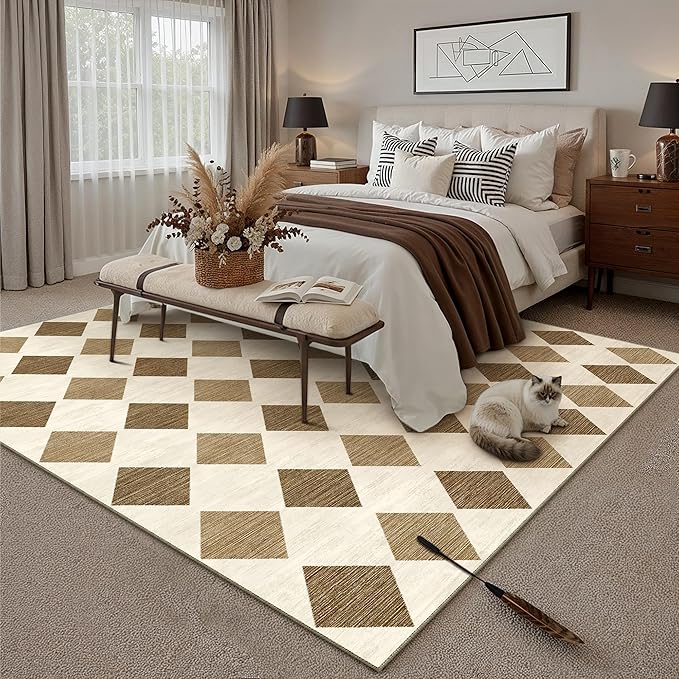 6x9 Checkered Area Rugs for Living Room Brown Machine Washable Large Rug Non-Slip Stain Resistant Low Pile Boho Accent Indoor Throw Carpet for Bedroom Dining Room Classroom