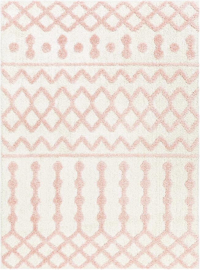 Hauteloom Tilos Moroccan Farmhouse Living Room Bedroom Nursery Shag Area Rug - Shaggy Carpet - Trellis Pattern - High Plush Pile - Cream, Pink, Beige - 5'3" x 7'