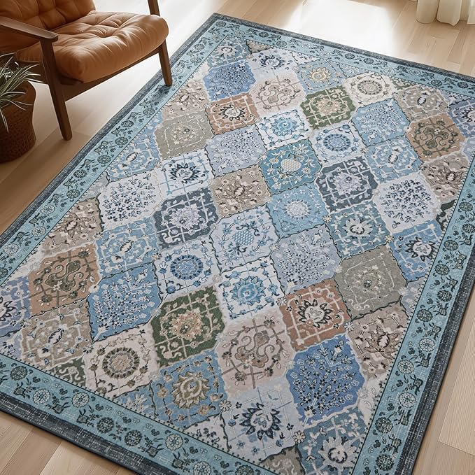 Phantoscope Washable Area Rug 6'x9' Non-Slip, Vintage Boho Rugs for Living Room, Bedroom, Dining Room, Distressed Moroccan Mosaic Diamond Pattern, Low-Pile Foldable Floor Carpet, Blue Teal/Neutral