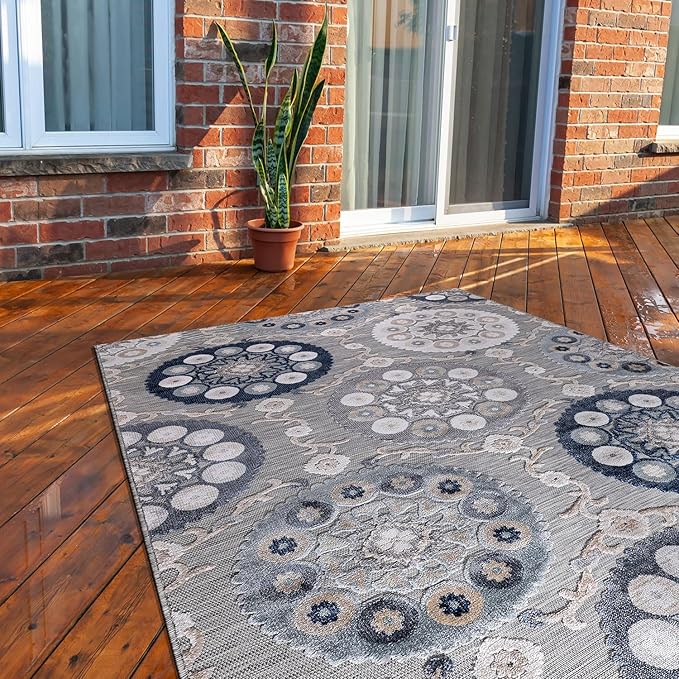CAMILSON Indoor Outdoor Rug 9x12 Bohemian Medallion Floral Area Rugs for Indoor and Outdoor Patios Easy-Cleaning Non-Shedding Living Room Garden and Kitchen Washable Outside Carpet (9 x 12 / Blue)