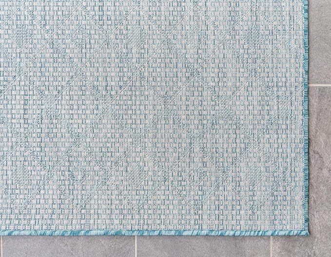 Unique Loom Outdoor Trellis Collection Area Rug - Tribal Trellis (7' 1" x 10' Rectangle, Aqua/ Ivory)