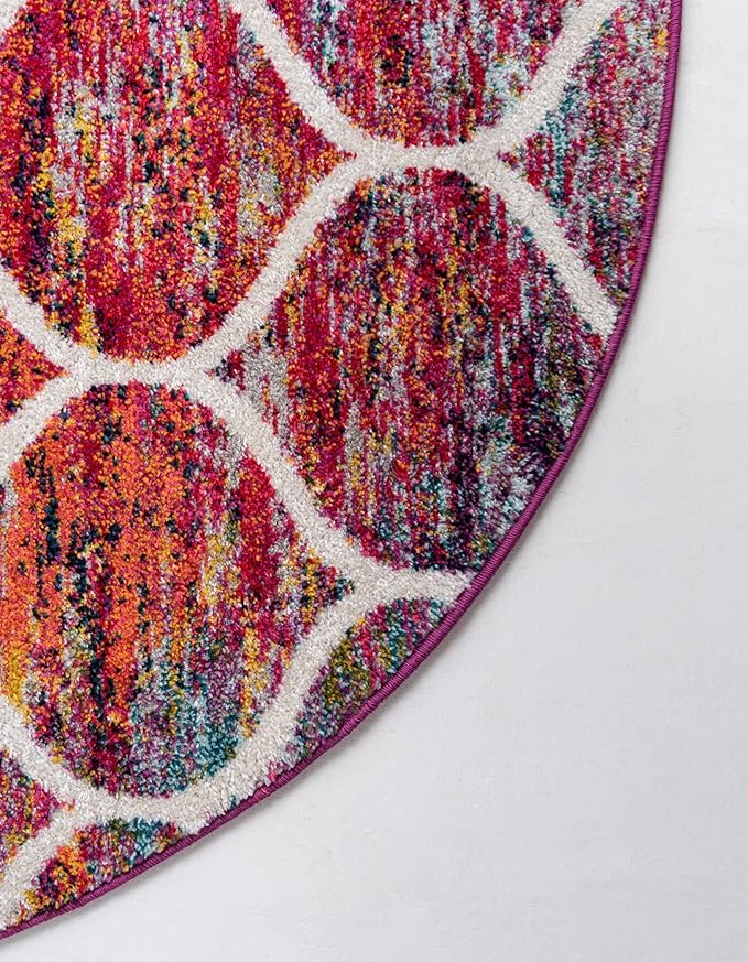 Rugs.com Lattice Frieze Collection Rug – 7' Round Multi Medium Rug Perfect for Kitchens, Dining Rooms