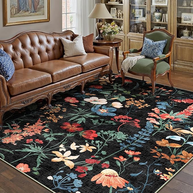 Black Area Rug 4x6 Office Floral Indoor Door Mat Washable Boho Kitchen Living Room Carpet Non Slip Bedroom Low Pile Lightweight Throw Rug for Dining Room Farmhouse
