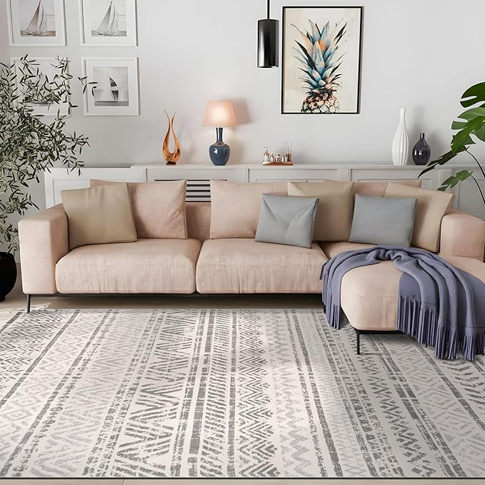 Rugshop Geometric Boho Large Area Rug – Gray Tribal Pattern, Perfect for Living Room, Bedroom, Dining Room, 7'10" x 10'