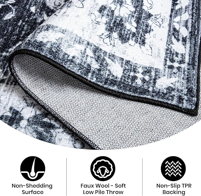 4x6 Washable Area Rug – Black and Ivory Vintage Carpet with Charcoal Border, Floral Scroll and Geometric Pattern, Boho Non-Slip Indoor Rug for Living Room, Bedroom, Dining Room, Entryway