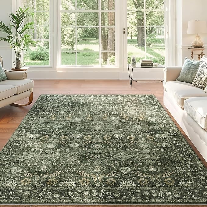 6x9 Rugs for Living Room, Soft Large Area Rugs Green Washable Rug, Indoor Vintage Rugs for Bedroom Home Office Laundry, Rubber Backed Non Slip Low Pile Carpet, Dark Olive Green