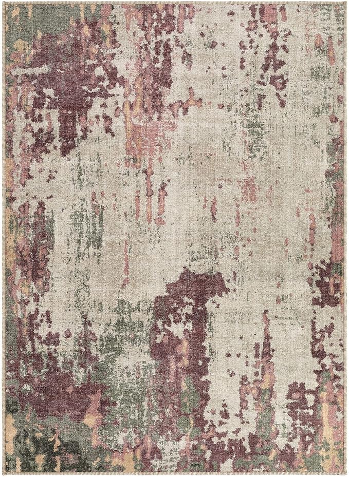 4x6 Area Rug Living Room Rugs - Washable Neutral Modern Abstract Soft Thin Rug Indoor Floor No Slip Rug Carpet for Bedroom Under Dining Table Home Office Decor - Purple/Green/Beige