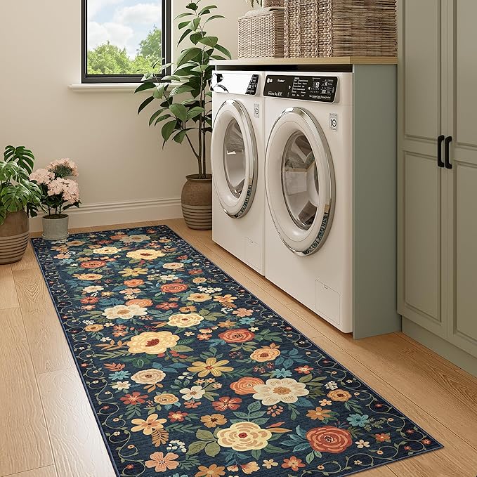 DUKINO Runner Rug, 2x7 Boho Kitchen Rug for Hallways with Low Pile Design, Washable Non Slip Backing Soft Floral Runner for Kitchen, Hallway, Entryway, Bedroom, Laundry, Navy Blue