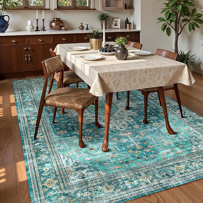 Washable Area Rug 6' x 9' Vintage Traditional Persian Mat - Foldable Distressed Non-Slip Machine Washable Carpet for Living Room Bedroom Kitchen Home Decor - Teal and Gold