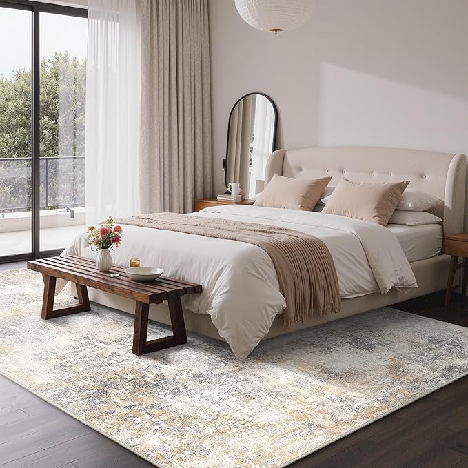 Bavni 8x10 Area Rugs Machine Washable Rug for Living Room, Modern Printed Rug Indoor Soft Area Rug for Bedroom Dining Room, Ultra-Thin Low Pile Carpet with Non Slip Rubber Backing, Beige Gray