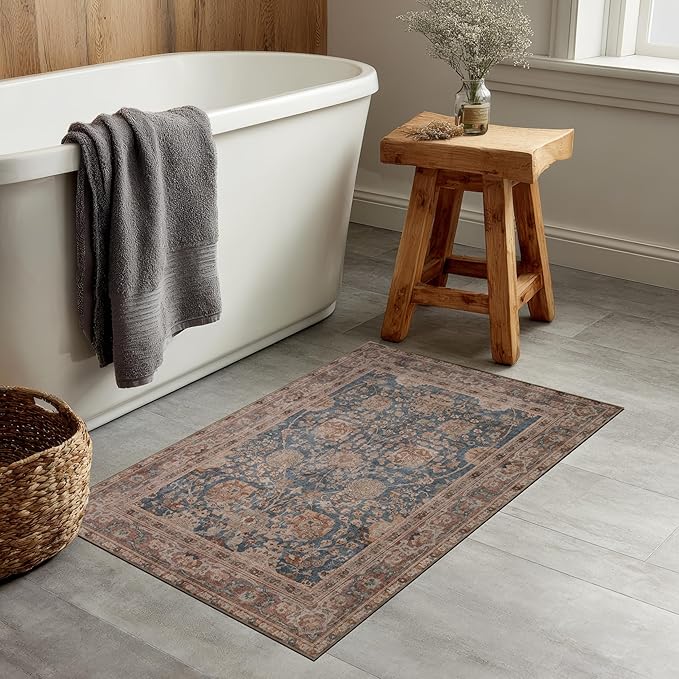 Kuden 2x3 Small Rug, Machine Washable, Non-Slip Backing, Vintage Style, Soft, Low Pile, Area Rugs for Entryway Kitchen Indoor Entrance