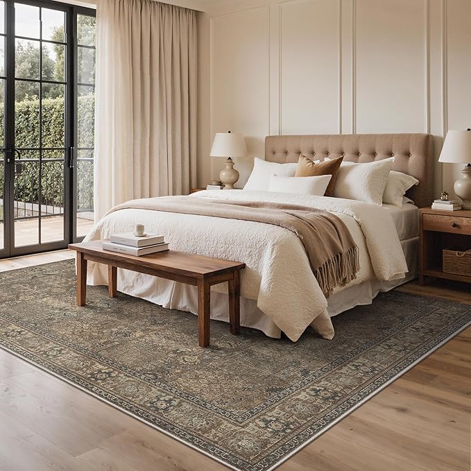Bavni Washable Rugs 8x10-Machine Washable Rug Lightweight Low Pile, Vintage Floral Rug Non-Shedding Distressed Throw Carpet for Living Room Bedroom Office, Brown