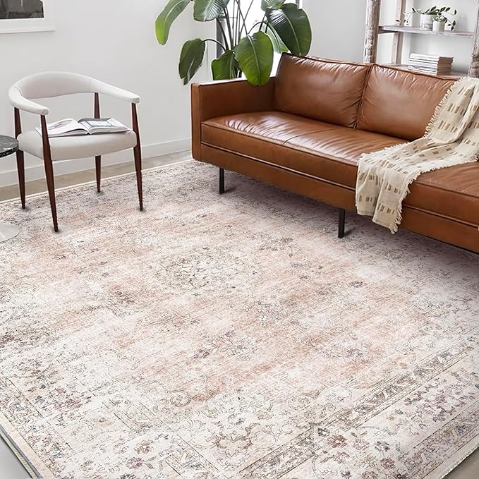 Washable Area Rug 9'x12' Retro Boho Design Non-Shedding Easy Care Ideal for High Traffic Areas in Living Room Bedroom Office Coffee Table Kitchen Large Carpet