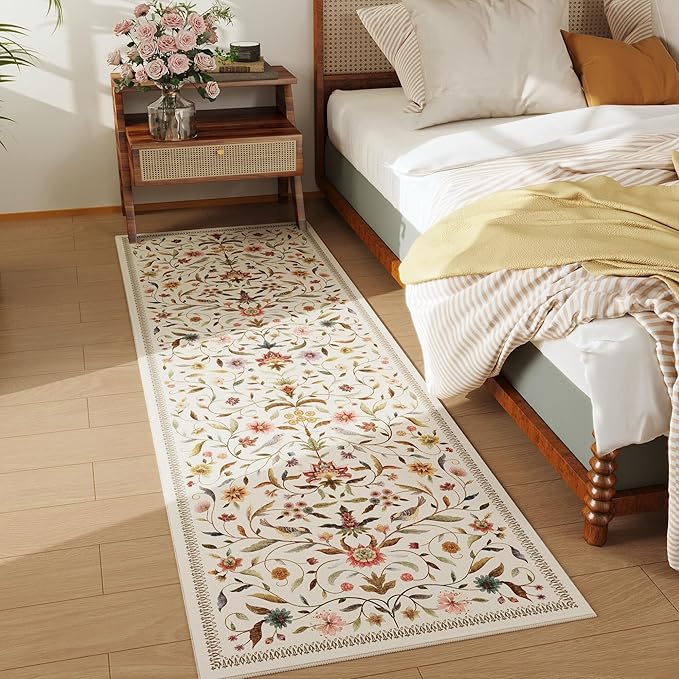 Vintage Medallion Floral Washable Runner Rug 2'7"x8', Non-Slip Low Pile Soft Carpet for Hallways, Laundry, Bedroom, Bathroom, Entryway | Beige