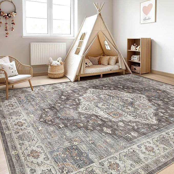 9x12 Area Rug Living Room: Washable Boho Large Neutral Vintage Soft Rugs Stain Resistant Farmhouse Non-Slip Indoor Floor Carpet for Bedroom Nursery Kids Office Dining Room Playroom- Grey Brown