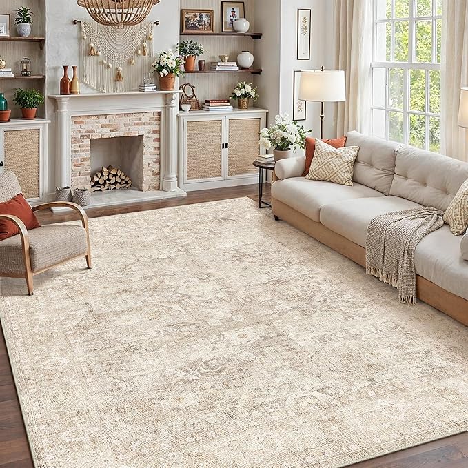 9x12 Beige Area Rug for Living Room Bedroom Neutral Soft Non Slip Rug Low Pile Vintage Distressed Large Carpet for Dining Room Nursery Office Indoor