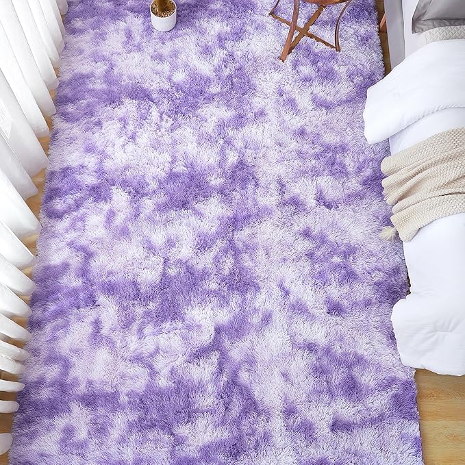 Andency Soft Area Rugs for Living Room Bedroom, 4x6 Fluffy Shaggy Bedside Rug, Non-Slip Large Shag Fuzzy Plush Carpets for Bedroom Kids Dorm Nursery Home Decor Aesthetic, Tie-Dyed Purple