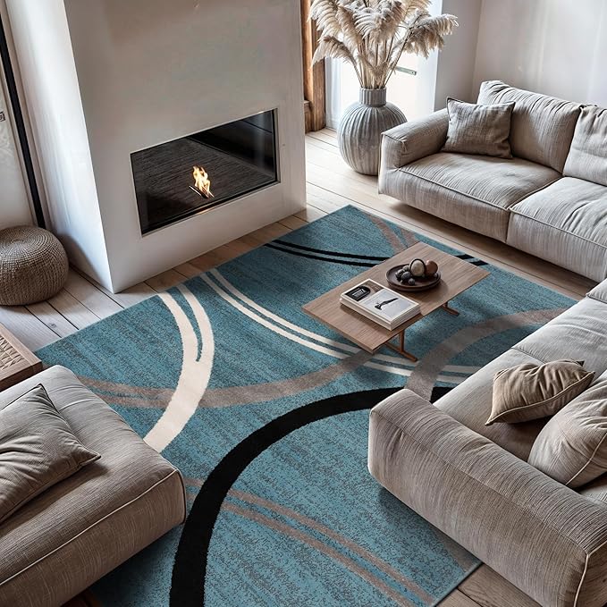 Rugshop Modern Wavy Circles Design Area Rug, Non-Shedding Carpet for Living Room, Bedroom, or Dining Room, Blue, 7'10" x 10'2"