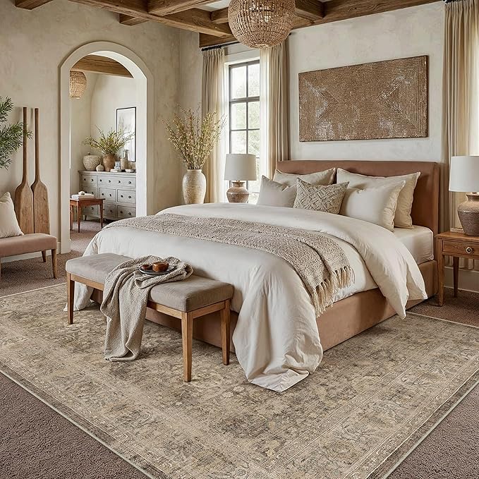9x12 Rust Brown Area Rug for Living Room Bedroom Neutral Soft Non Slip Rug Low Pile Vintage Distressed Large Carpet for Dining Room Nursery Office Indoor