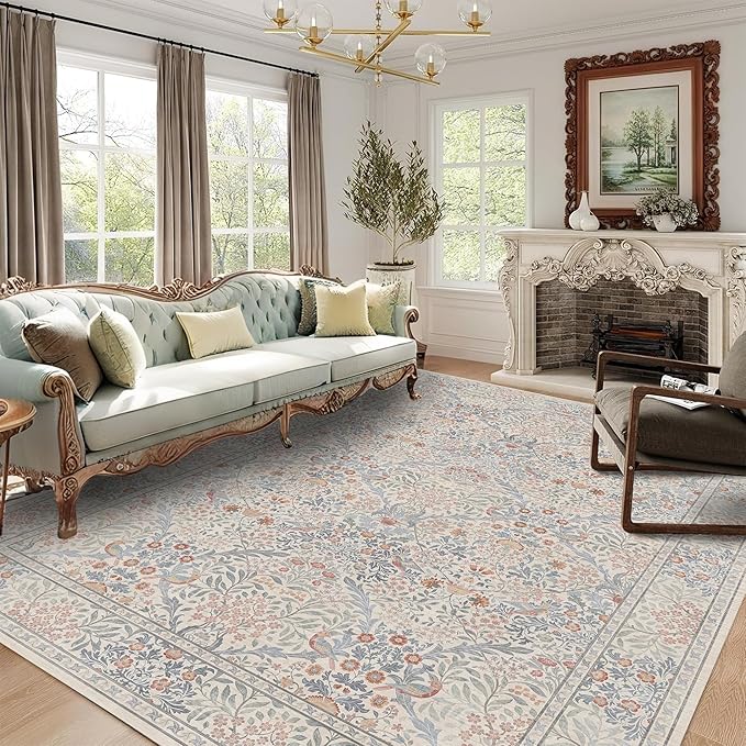 5x7 Floral Washable Area Rugs for Living Room, Vintage Boho Large Rug for Bedroom Dining Room, Distressed Botanical Birds Non Slip Low Pile Forest Animal Throw Carpet for Farmhouse Office, Beige Blue