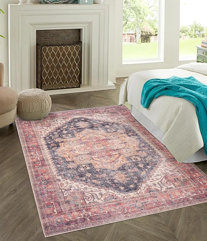 GLN Rugs Traditional Collection - Machine Washable Area Rug, Traditional Washable, Non Slip, Low Pile Chenille Rug, Living Room, Bedroom, Kitchen Rug (8' x 10' Black/Terra)