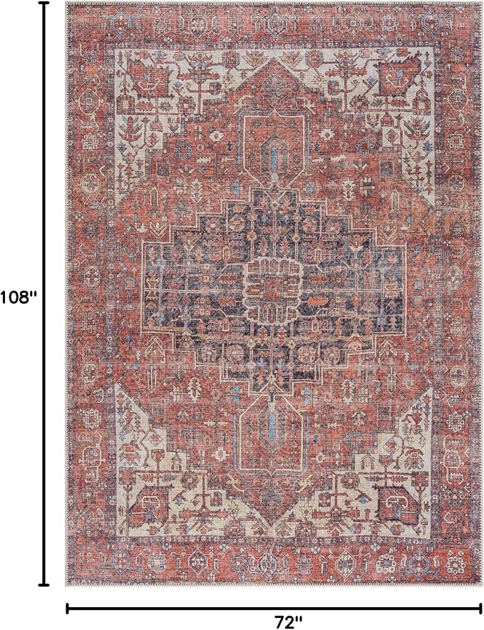 Bloom Rugs Washable 6' x 9' Rug - Red/Orange/Beige Traditional Area Rug for Living Room, Bedroom, Dining Room, and Kitchen - Exact Size: 6' x 9'