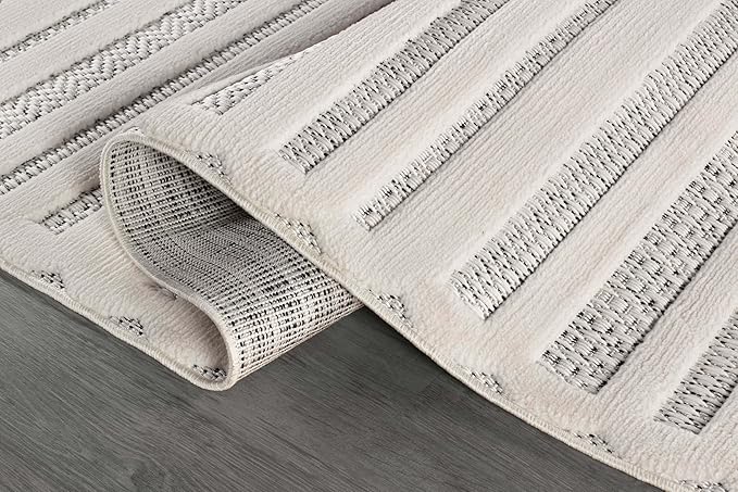 CAMILSON Modern Rug 8x10 Luxury Striped Line Micro Loop Area Rugs Soft High-Low Pile Stain Resistant Easy to Clean Non-Shedding Durable Living Room Kitchen Indoor Carpet (White)