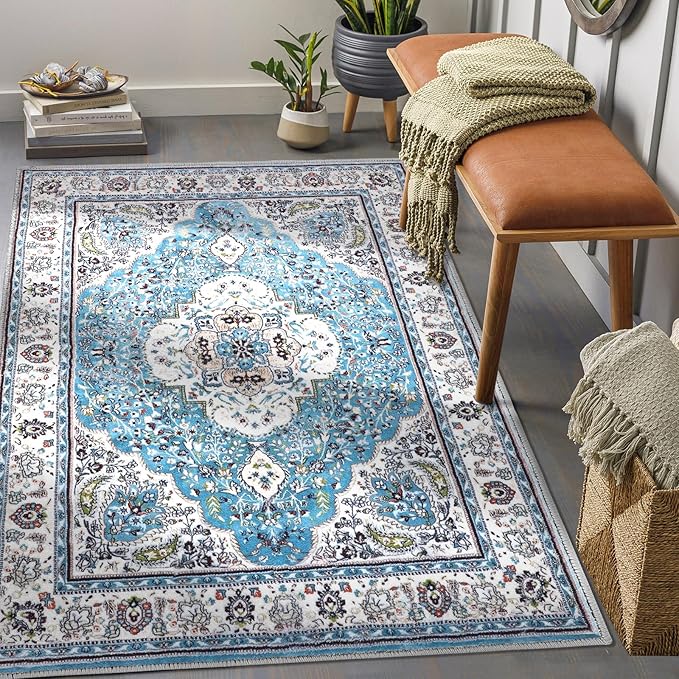 COMSLE Area Rug 3x5 Faux Wool Rugs for Kitchen, Boho Washable Throw Rugs Non-Slip Distressed Carpet Soft Accent Floor Rug for Bedroom, Living Room, Laundry Room (Light Blue)