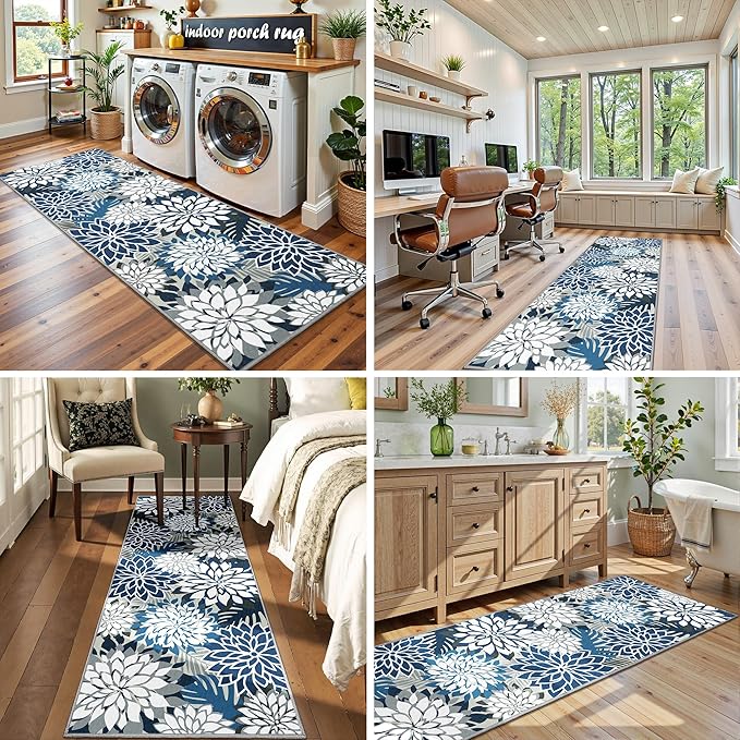 2x6 Washable Runner Rug for Hallway Tropical Botanical Modern Floral Chenille Kitchen Rugs Low Pile Non Slip Carpet for Patio, Bedroom, Laundry, Blue
