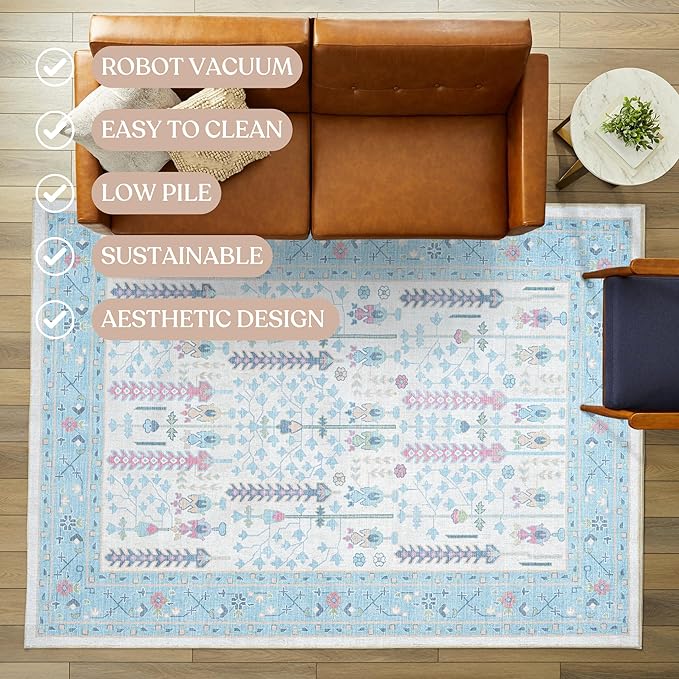 Fame Living Cream Blue Oushak Rug, Modern, Vintage, Turkish, Eclectic, Floral, Pastel, Washable, Extra Large Area Rugs for Living Room, Dining, Bedroom, Lounge, 9'x12'
